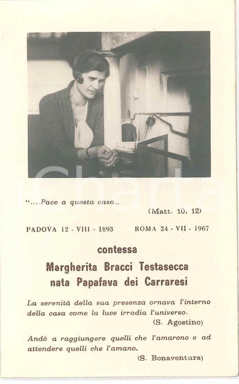 Oggetto da collezione cartaceo 1967 ROMA In memoria della Contessa Margherita BRACCI TESTASECCA Santino 7x11 cm 1