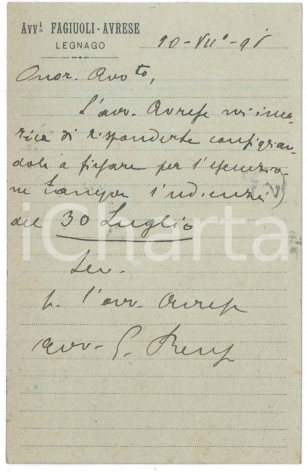 Cartolina originale da collezione 1896 LEGNAGO VE Studio Legale FAGIUOLI  AVRESE  Cartolina 1