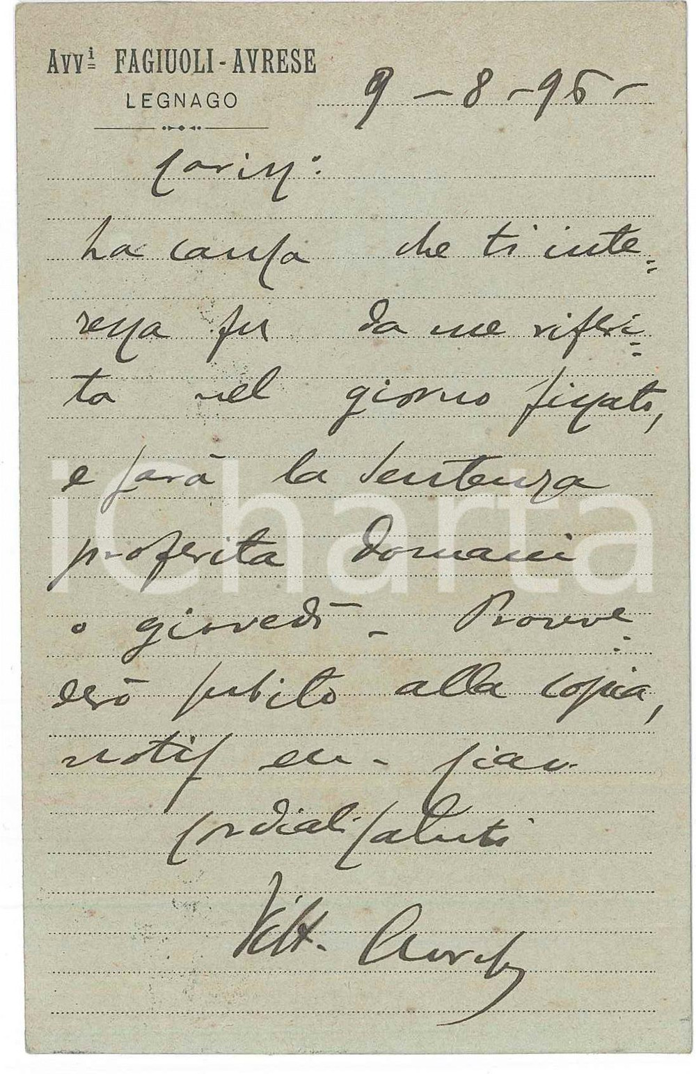 1896 LEGNAGO (VE) Studio Legale FAGIUOLI-AVRESE - Cartolina avv. Vittorio AVRESE