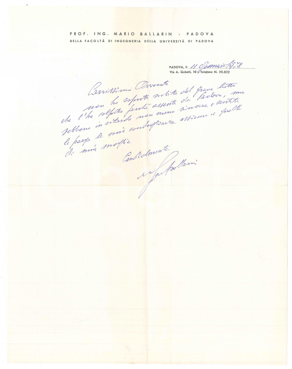 Autografo originale 1977 UniversitÃ  di PADOVA Lettera prof. ing. Mario BALLARIN  AUTOGRAFO 1