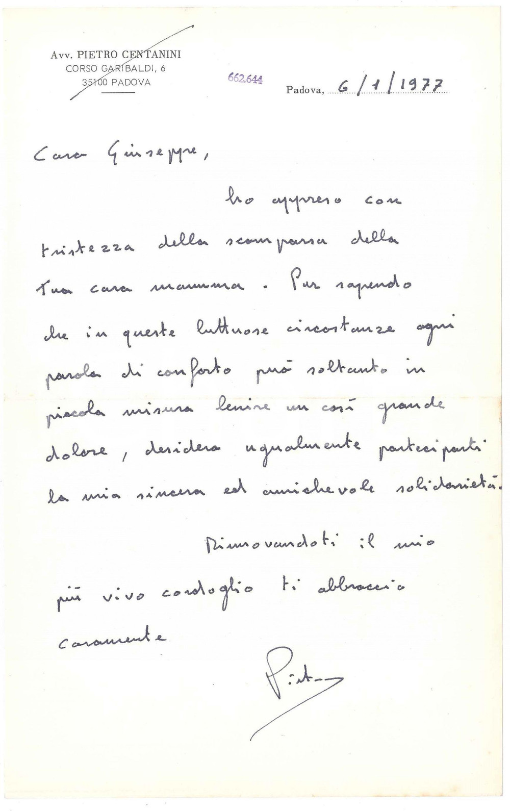 Autografo originale 1977 PADOVA Lettera avv. Pietro CENTANINI per condoglianze  AUTOGRAFO 1