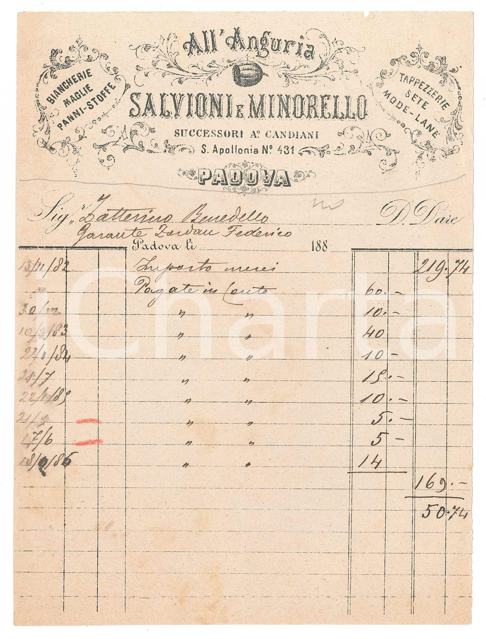 Documento originale, autentico 1880 ca PADOVA  SALVIONI e MINORELLO All Anguria Biancherie Mode  Fattura 1