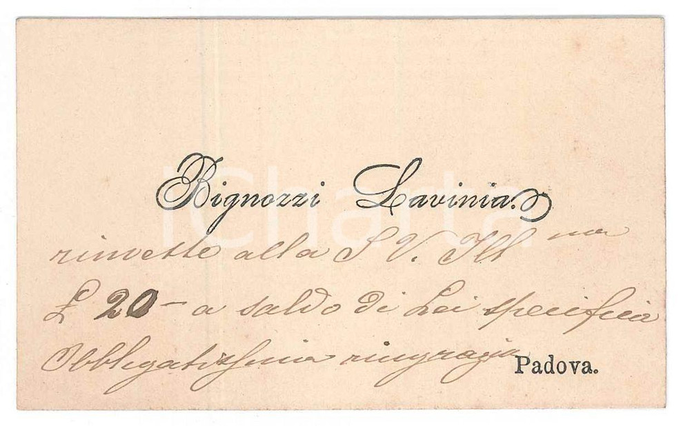 Oggetto da collezione cartaceo 1910 ca PADOVA Lavinia BIGNOZZI  Biglietto da visita con messaggio 1