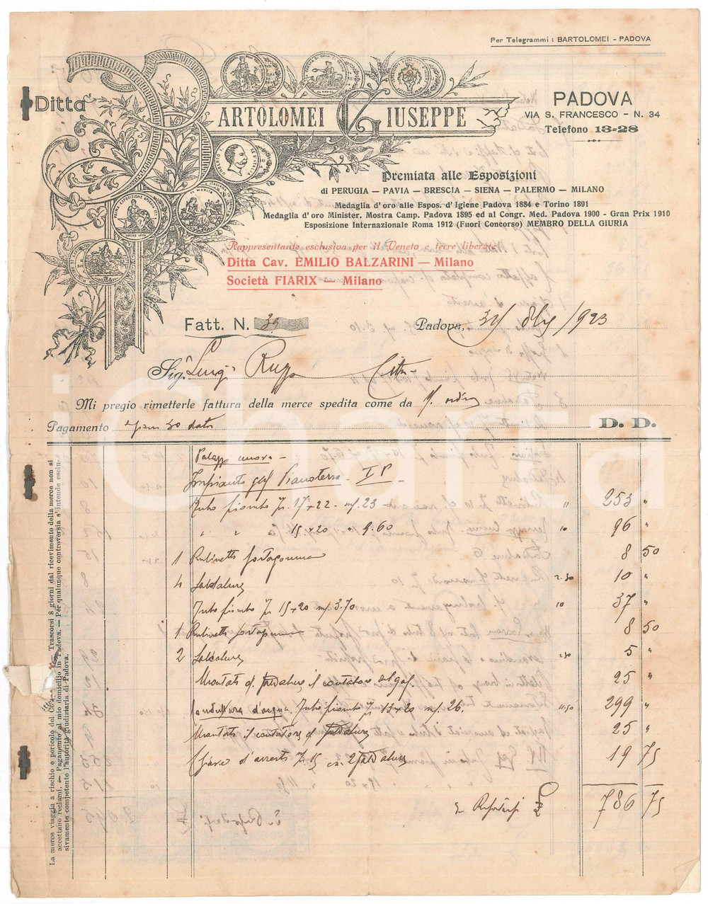 Documento originale, autentico 1924 PADOVA Via S. Francesco  Giuseppe BARTOLOMEI Officina meccanica  Fattura 1