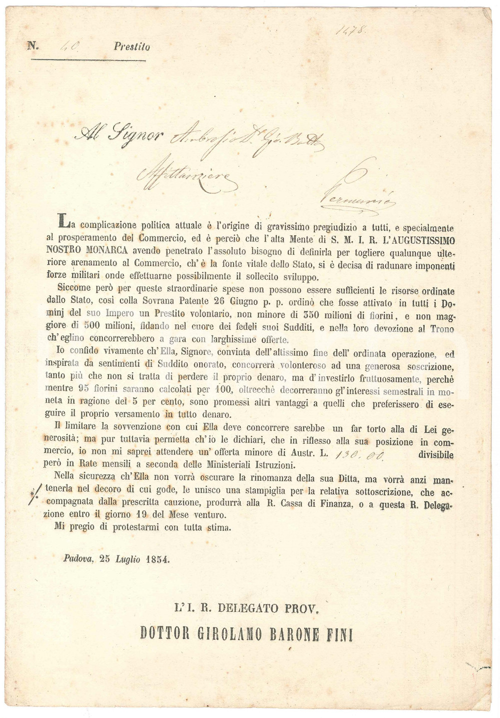 Documento originale, autentico 1854 Regno LOMBARDOVENETO PADOVA  Prestito nazionale austriaco Lettera 1