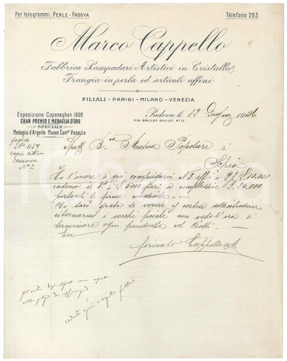 Documento originale, autentico 1906 PADOVA Via Galileo Galilei  Marco CAPPELLO Lampadari in cristallo Lettera 1