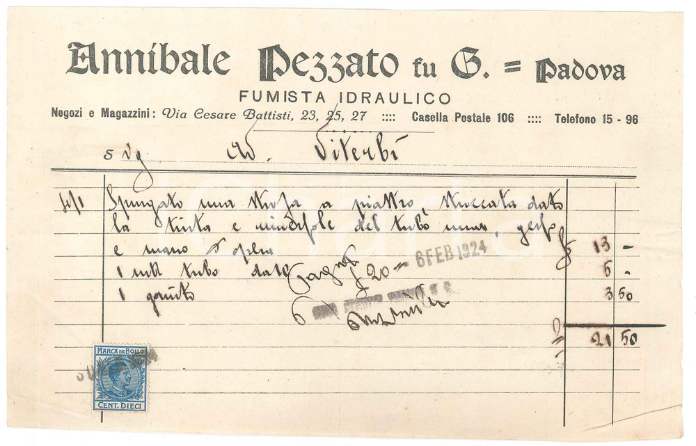 Documento originale, autentico 1924 PADOVA Via Cesare Battisti  Annibale PEZZATO fu B. Fumista  Fattura 1
