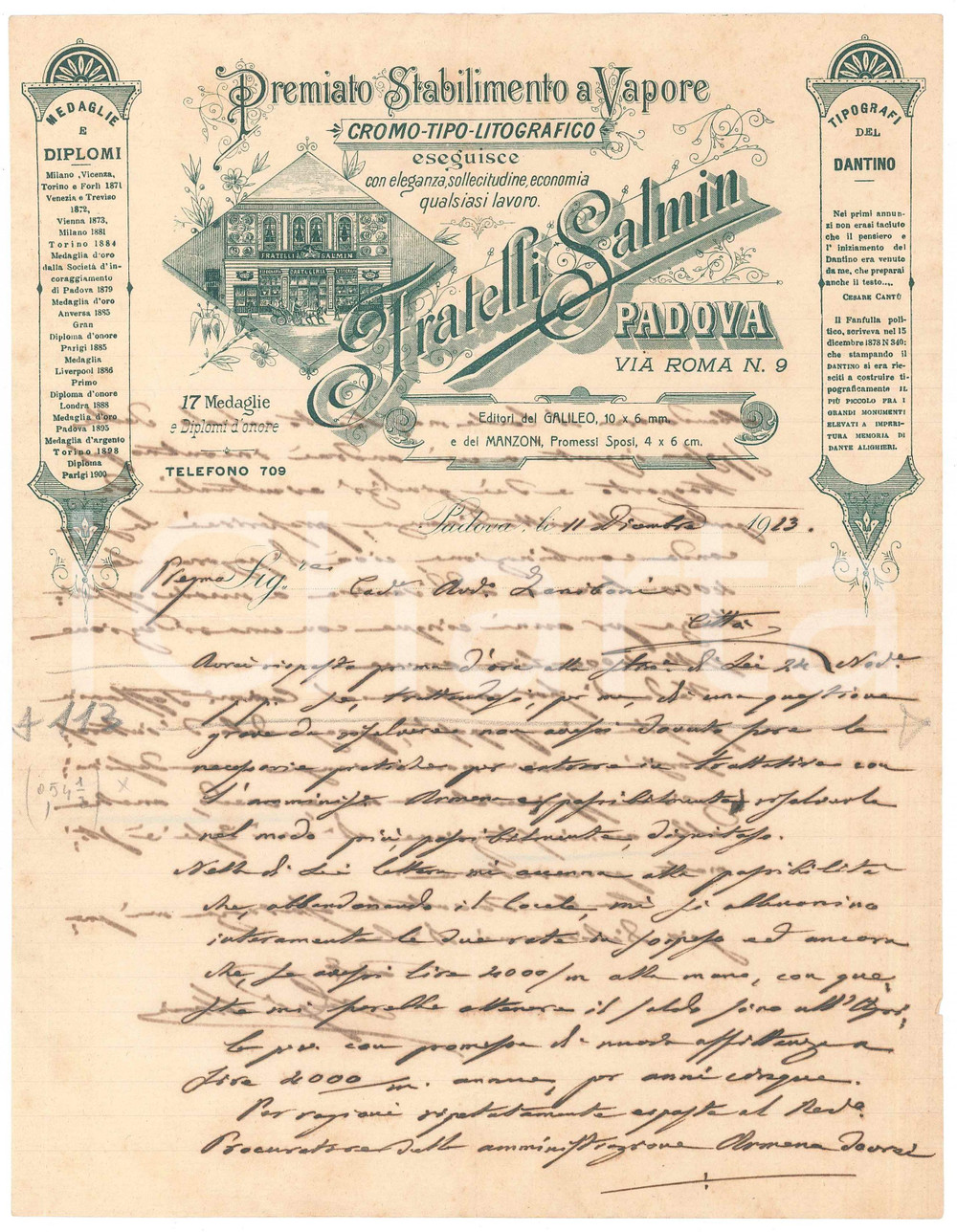 Documento originale, autentico 1923 PADOVA Via Roma 9  Fratelli SALMIN Stabilimento tipografico  Lettera 1