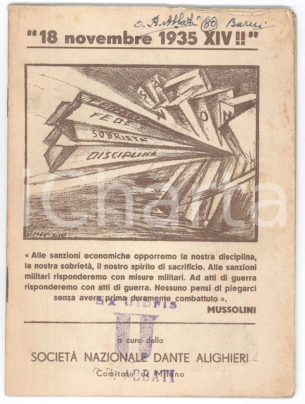 Libro, pubblicazione d epoca 1935 FASCISMO MILANO SocietÃ  Dante Alighieri  18 novembre 1935 XIV  Sanzioni 1