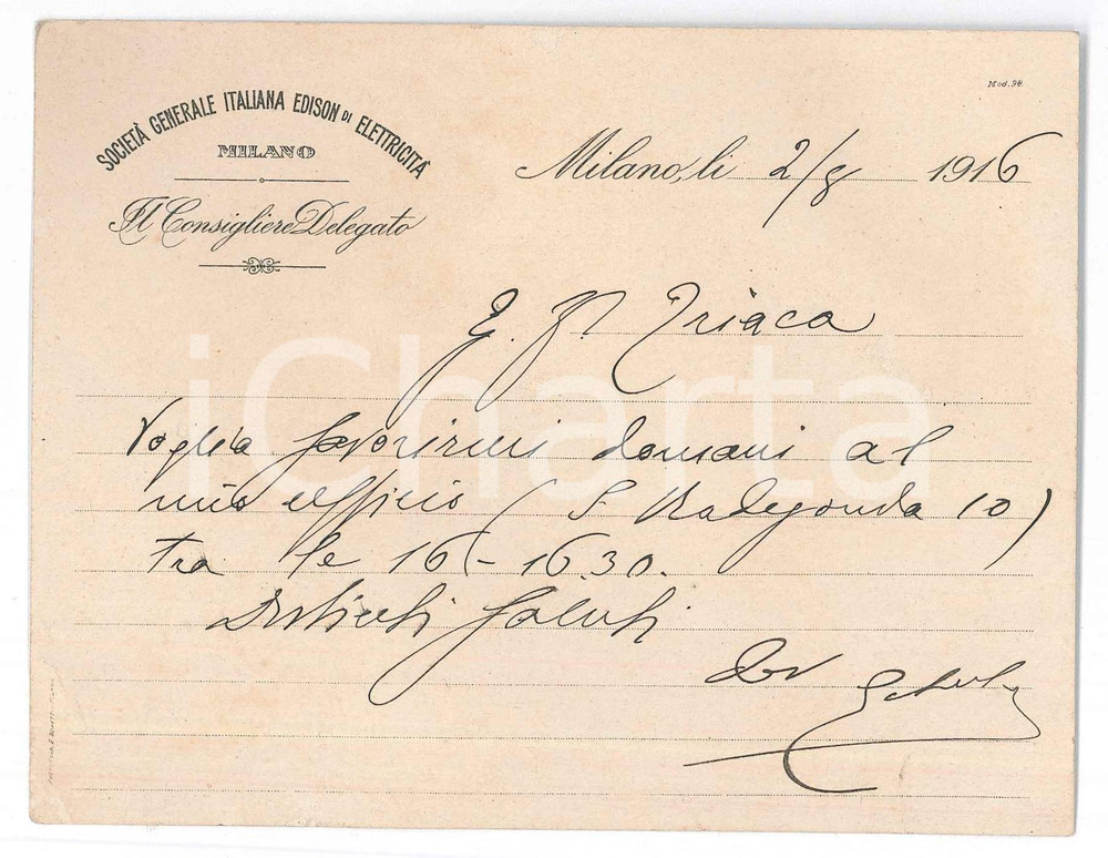 Autografo originale 1916 MILANO SocietÃ  EDISON ElettricitÃ   Carlo ESTERLE Biglietto AUTOGRAFO 1