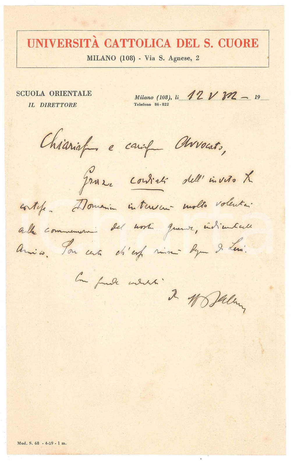 Autografo originale 1932 MILANO Lettera Ambrogio BALLINI  UniversitÃ  Cattolica  AUTOGRAFO 1