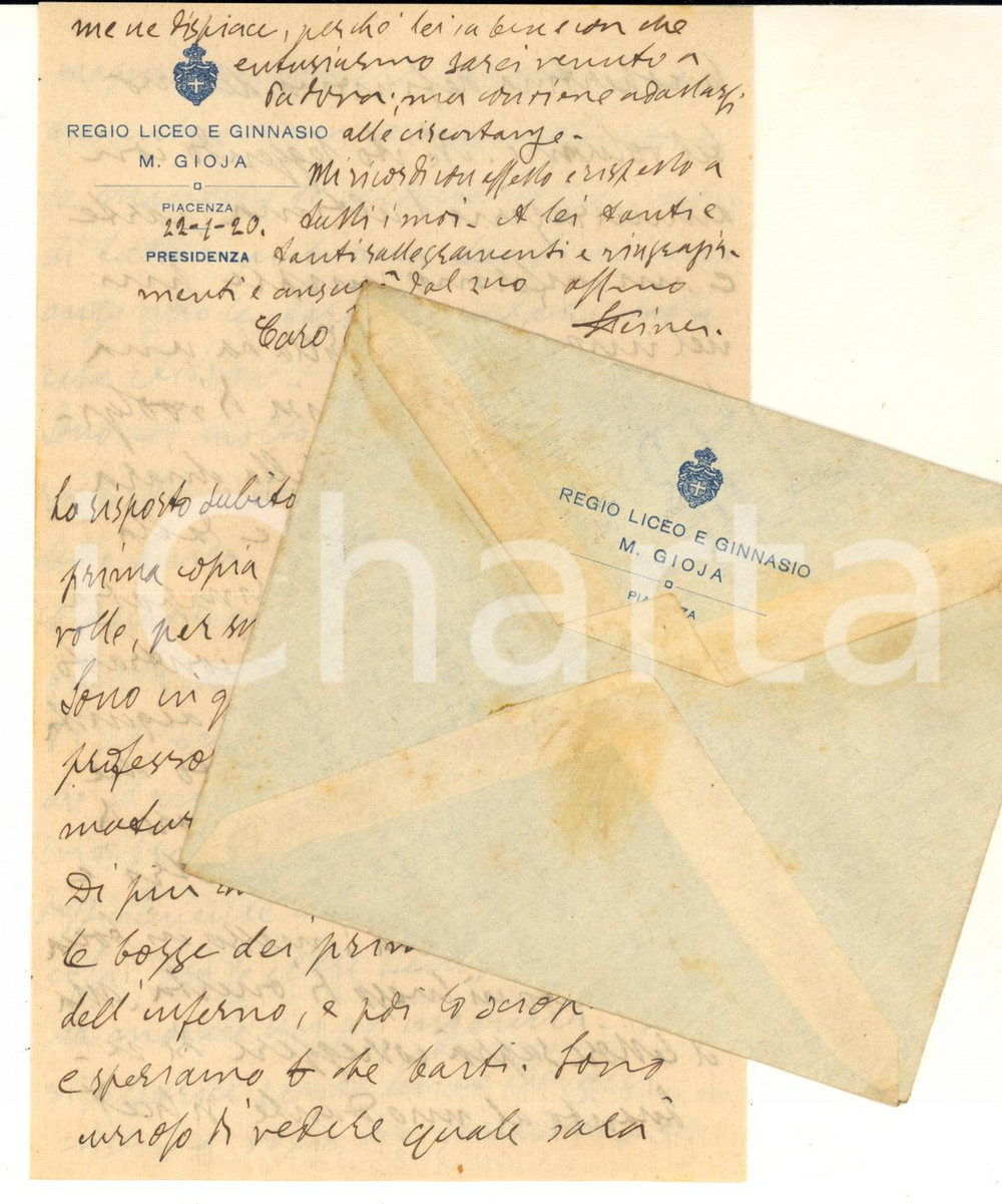 Autografo originale 1920 PIACENZA Carlo STEINER sul suo commento alla Commedia  AUTOGRAFO 1