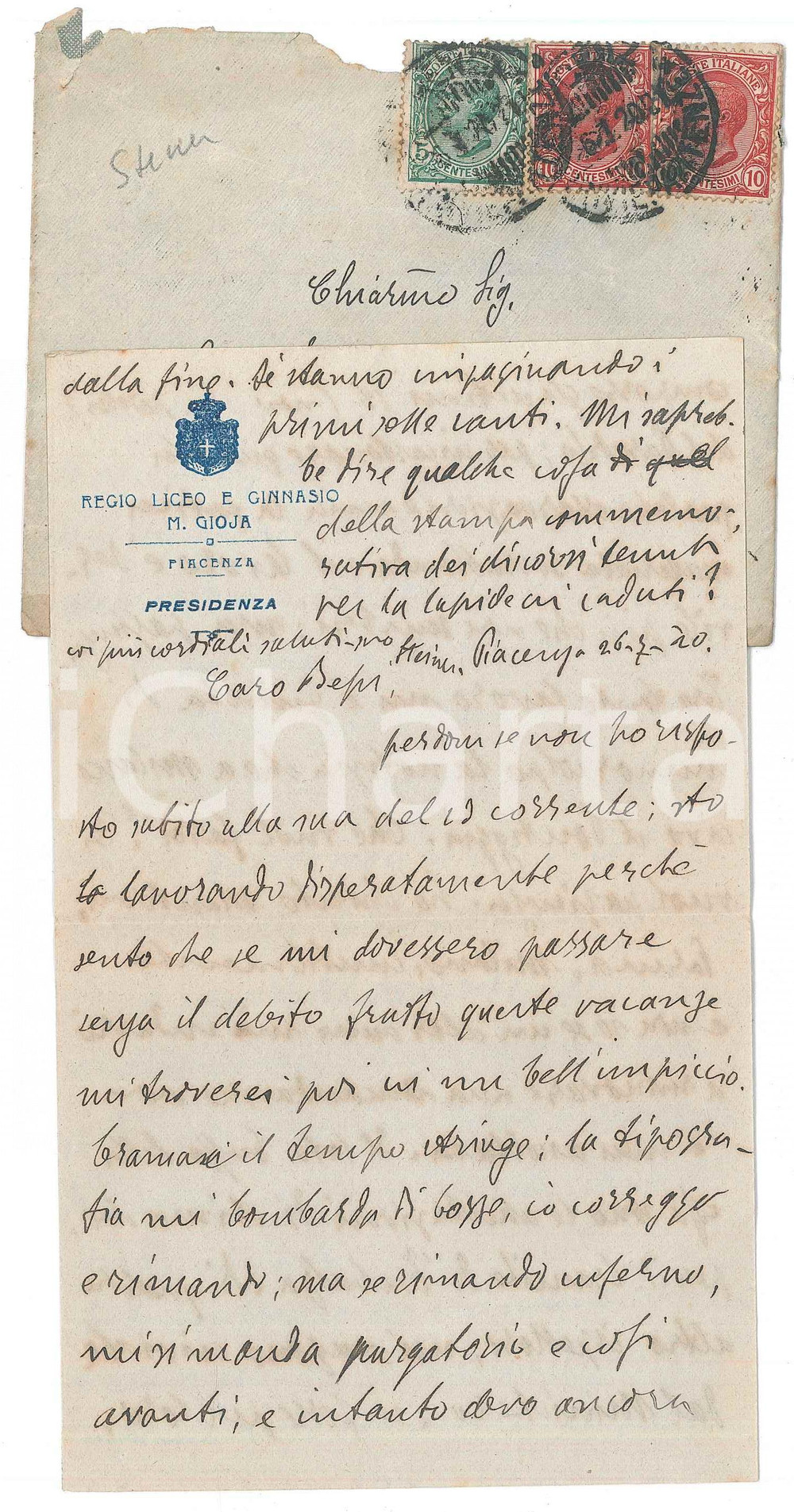 Autografo originale 1920 PIACENZA Carlo STEINER non ottiene la cattedra a Milano  AUTOGRAFO 1