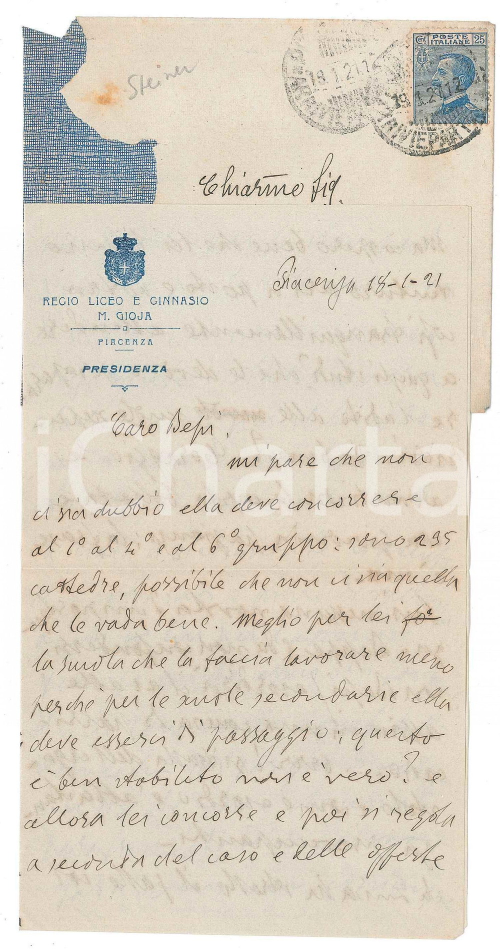 Autografo originale 1920 PIACENZA Carlo STEINER alla fine del suo commento alla Commedia  AUTOGRAFO 1