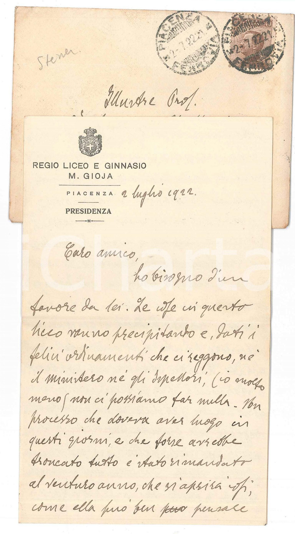 Autografo originale 1922 PIACENZA Carlo STEINER chiede aiuto per un trasferimento  AUTOGRAFO 1