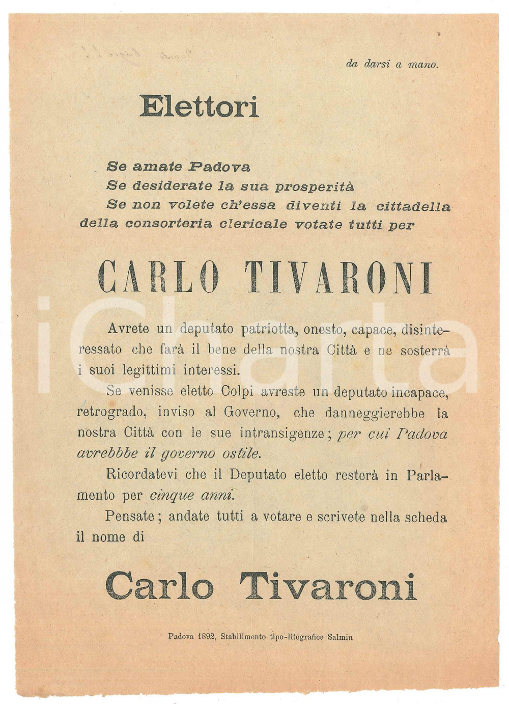 Materiale pubblicitario d’epoca 1892 PADOVA Carlo TIVARONI deputato patriota  Manifestino elettorale 1