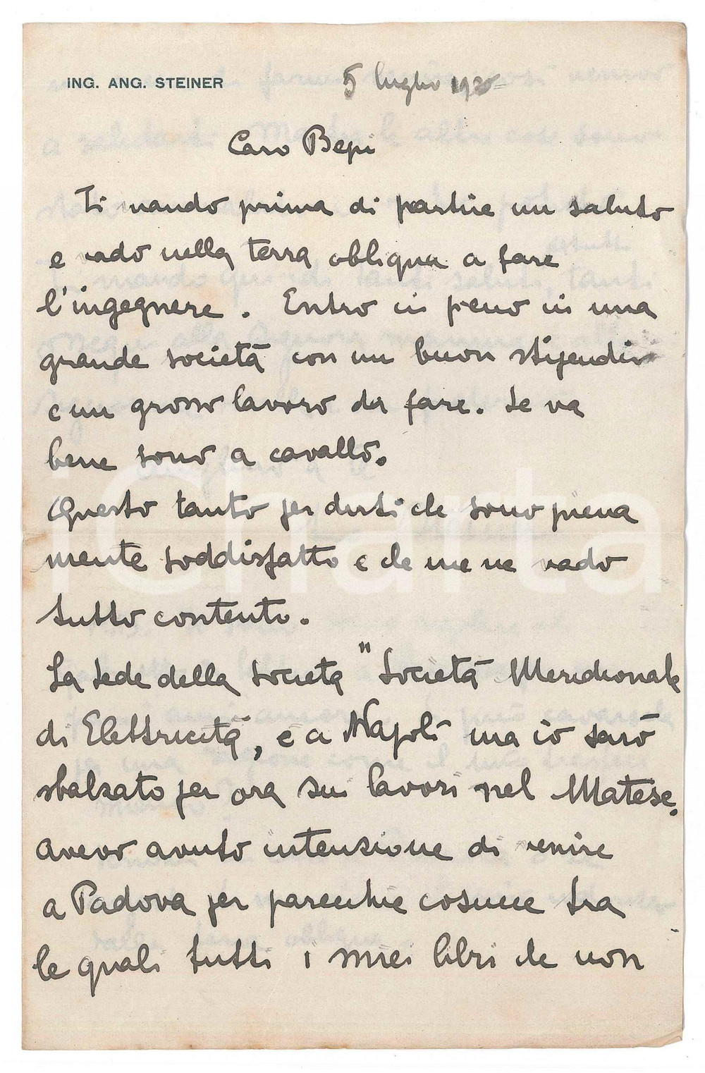 Autografo originale 1920 Lettera ing. Angelo STEINER  SocietÃ  Meridionale ElettricitÃ   AUTOGRAFO 1