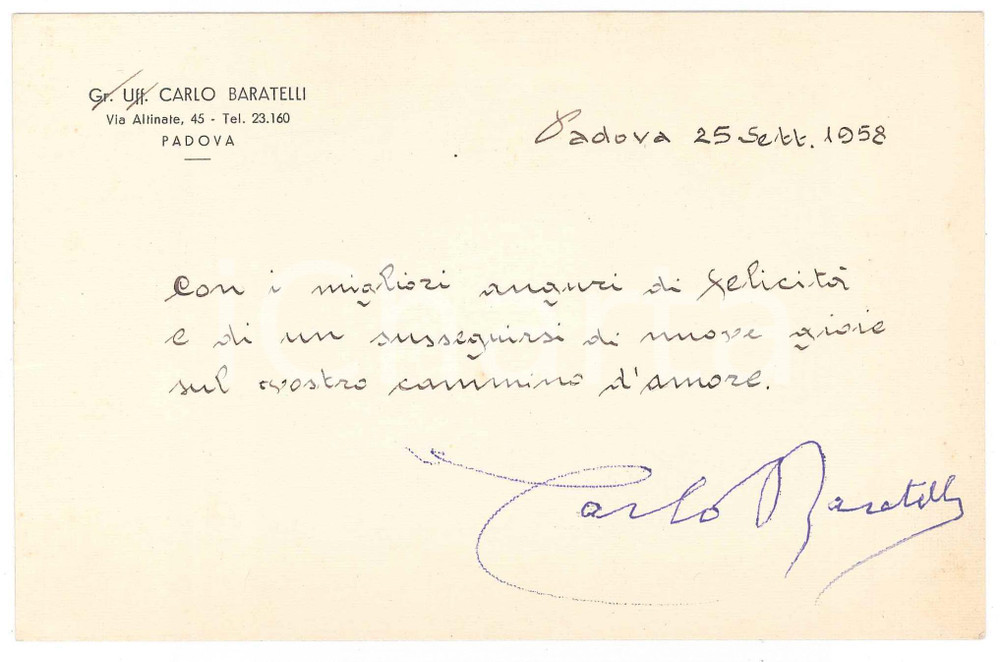 Autografo originale 1958 PADOVA Gr. Uff. Carlo BARATELLI   Biglietto AUTOGRAFO per auguri 1
