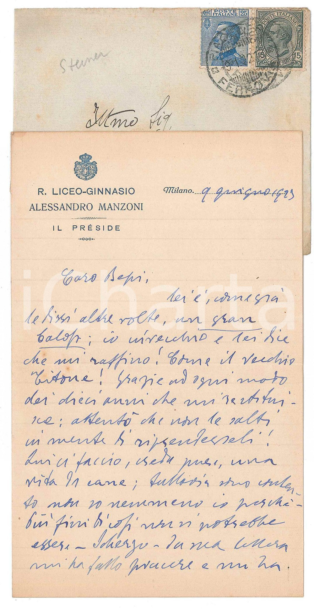 Autografo originale 1923 MILANO Lettera Carlo STEINER preside Liceo MANZONI  AUTOGRAFO 1
