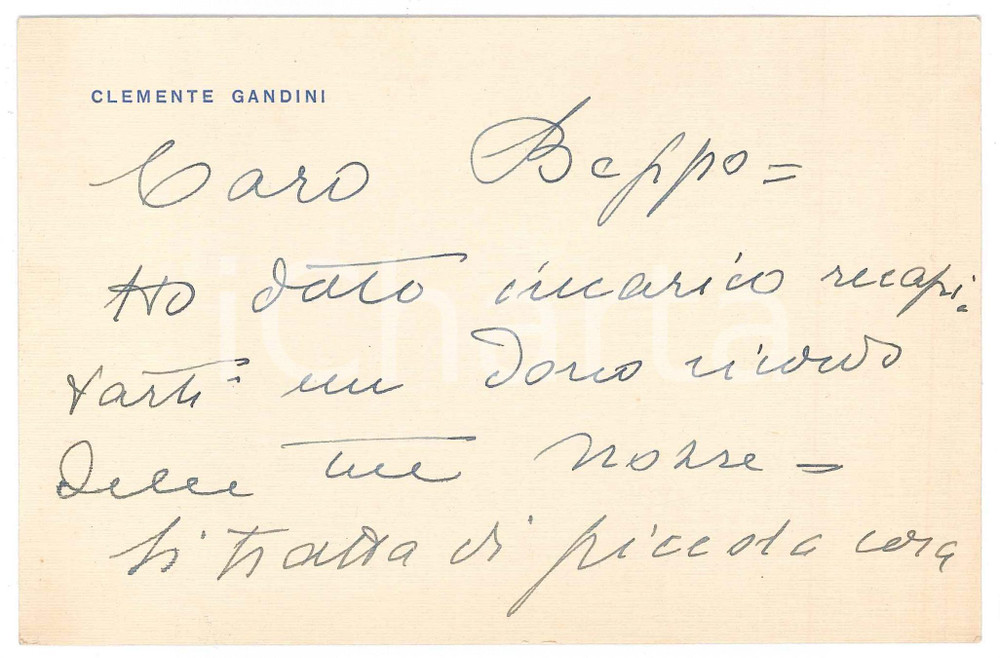 Autografo originale 1950 ca Biglietto Clemente GANDINI per congratulazioni  AUTOGRAFO 1