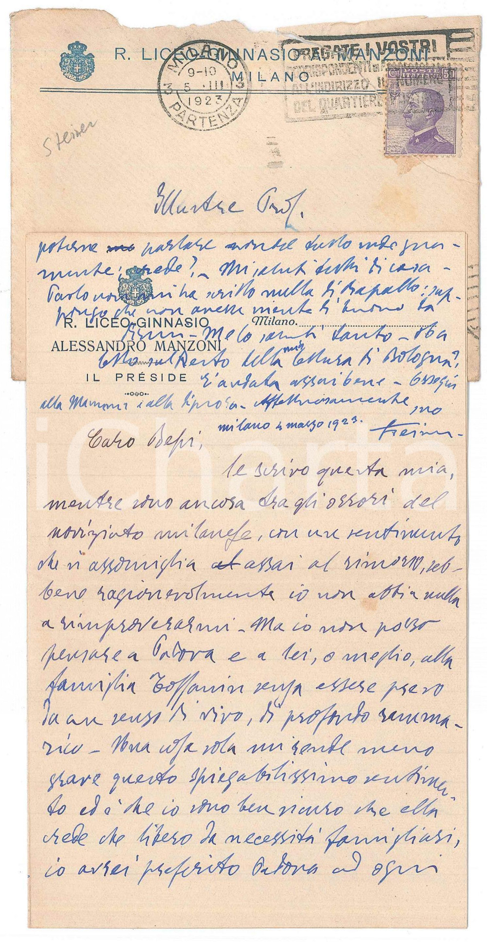 Autografo originale 1923 MILANO Carlo STEINER preside MANZONI La mia non felicissima carriera 1