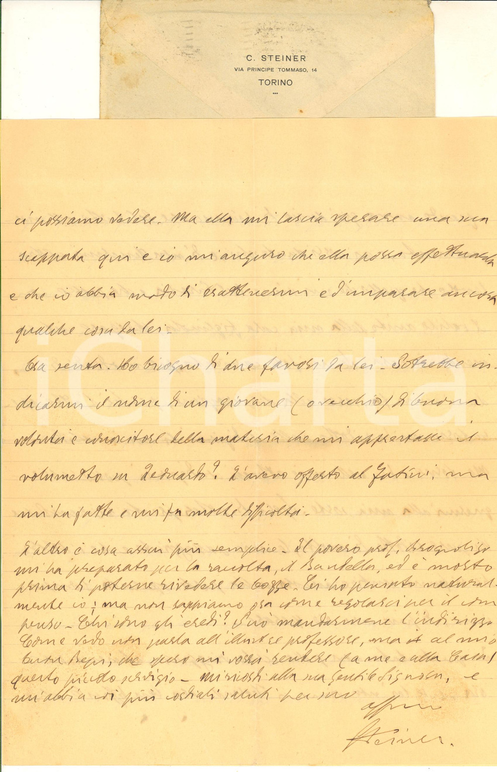 Autografo originale 1932 TORINO Lettera Carlo STEINER a un collega  AUTOGRAFO 1