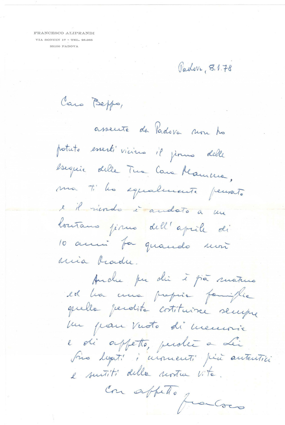 Autografo originale 1978 PADOVA Lettera Francesco ALIPRANDI per condoglianze  AUTOGRAFO 1