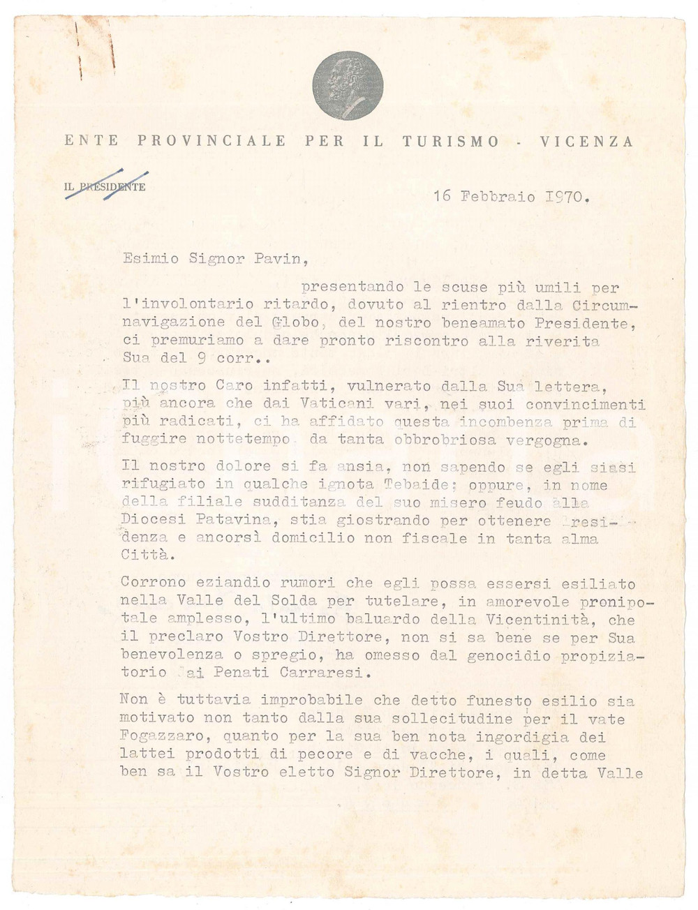 Documento originale, autentico 1970 VICENZA Lettera Vincenzo BACALA   Ente Provinciale per il Turismo 1