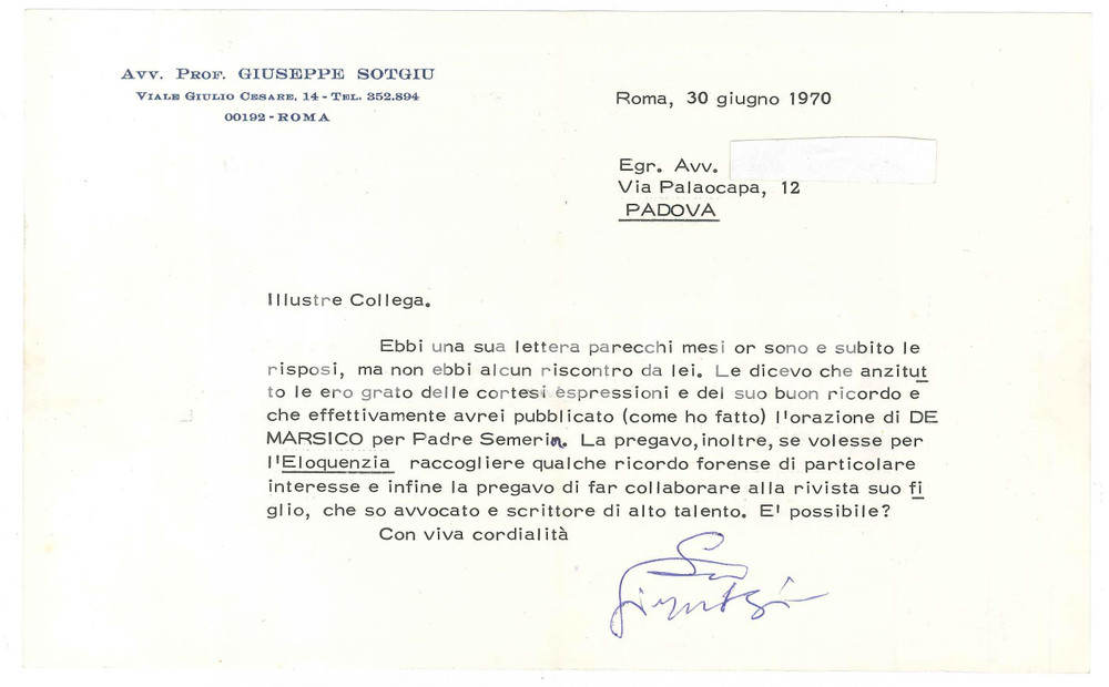 Autografo originale 1970 ROMA Lettera avv. prof. Giuseppe SOTGIU su articoli per riviste  AUTOGRAFO 1