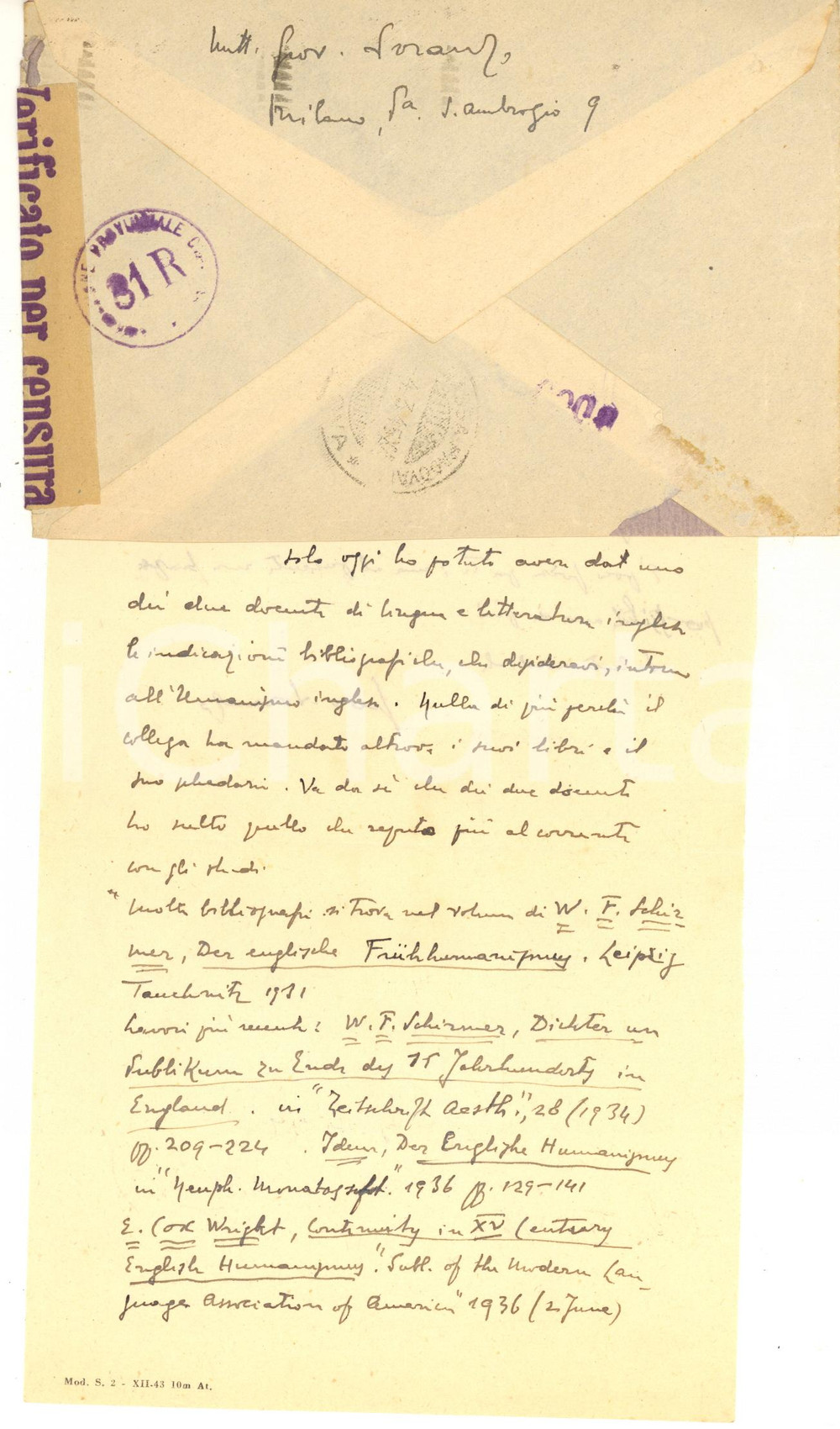 1945 MILANO UniversitÃ  CATTOLICA Giovanni SORANZO per bibliografia *AUTOGRAFO Lettera autografa, su carta intestata dell'Universit&agrave; Cattolica del Sacro Cuore.Busta viaggiata.PAGINE: 1 (su due facciate) FAIR/discreto piegatura centrale d'epoca  originale e autentica 1