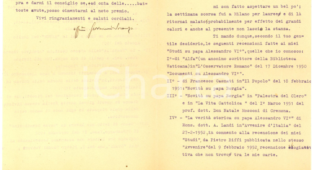 Autografo originale 1952 PADOVA Lettera Giovanni SORANZO per recensioni  AUTOGRAFO 1