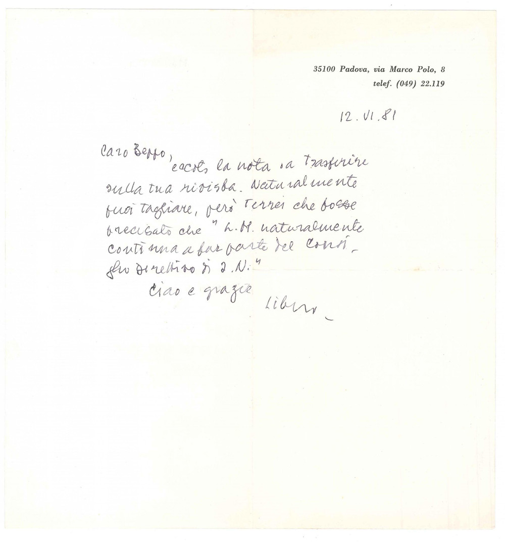 Autografo originale 1981 PADOVA Lettera Libero MARZETTO su consiglio direttivo AUTOGRAFO 1