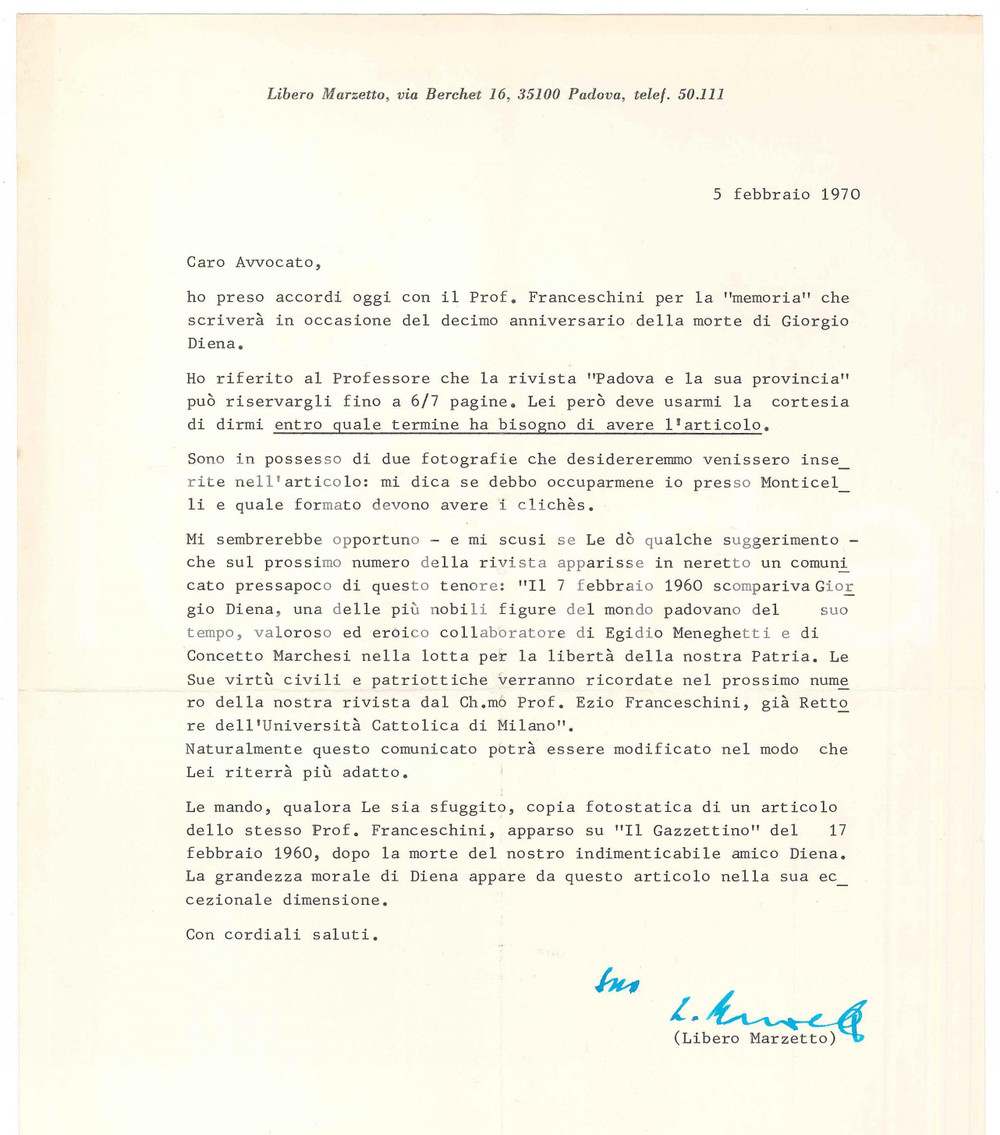 Autografo originale 1970 PADOVA Libero MARZETTO su articolo in Padova e la sua provincia AUTOGRAFO 1