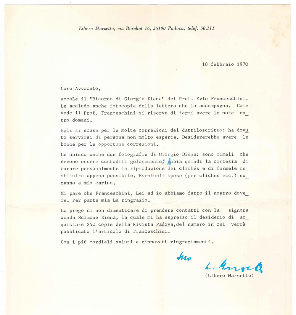 Autografo originale 1970 PADOVA Libero MARZETTO su articolo in ricordo di Giorgio DIENA AUTOGRAFO 1