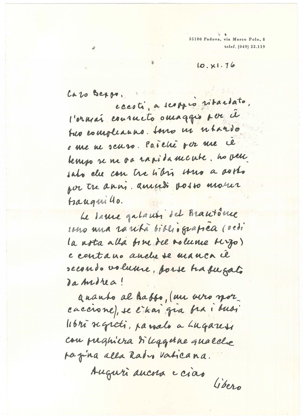 Autografo originale 1975 PADOVA Lettera Libero MARZETTO per invio di un regalo  AUTOGRAFO 1
