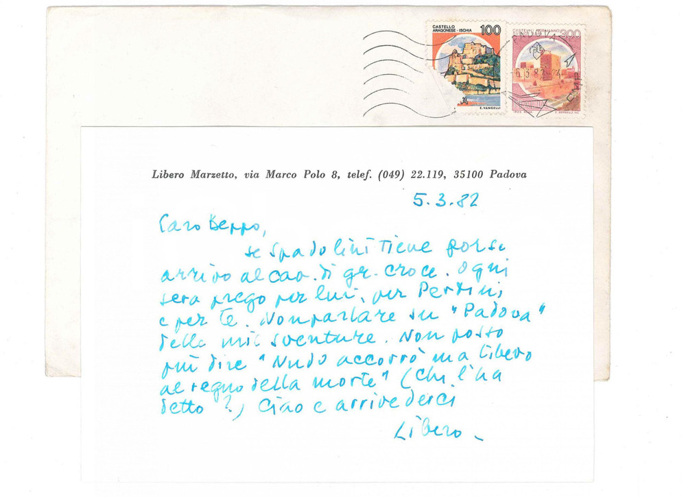 Autografo originale 1982 PADOVA Biglietto Libero MARZETTO su cavalierato  AUTOGRAFO 1