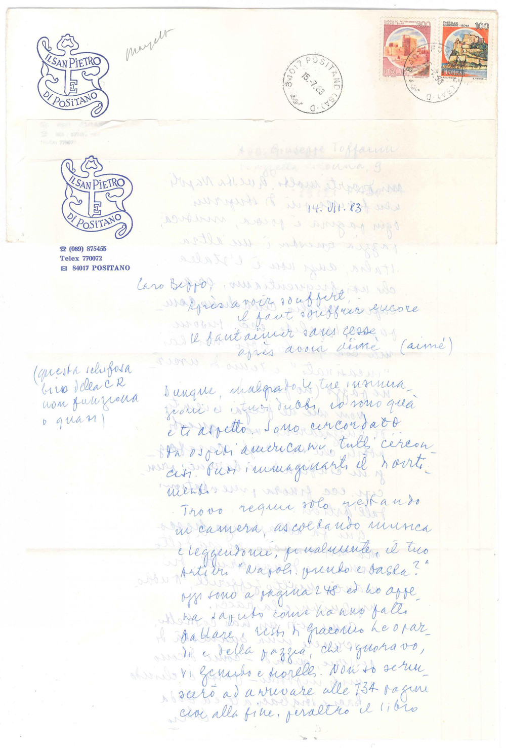 Autografo originale 1983 POSITANO Lettera Libero MARZETTO sul libro di un collega  AUTOGRAFO 1