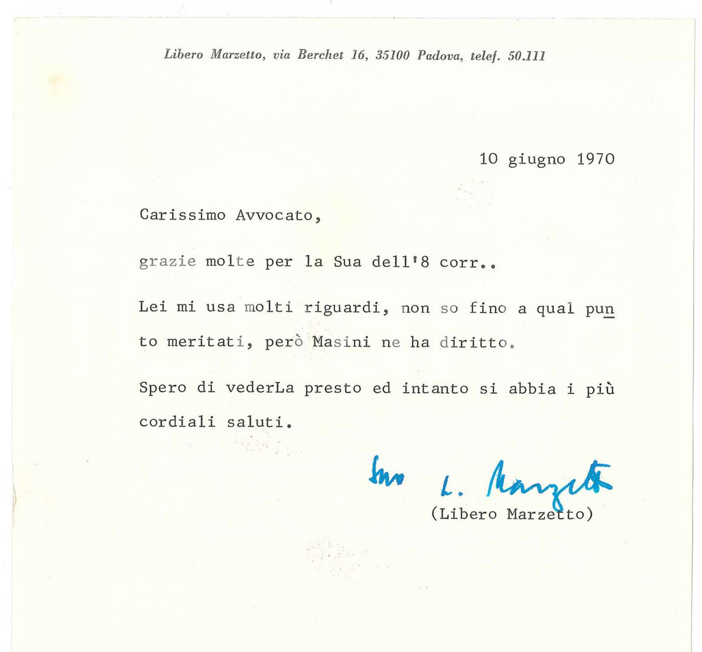 Autografo originale 1970 PADOVA Lettera Libero MARZETTO per ringraziamenti  AUTOGRAFO 1