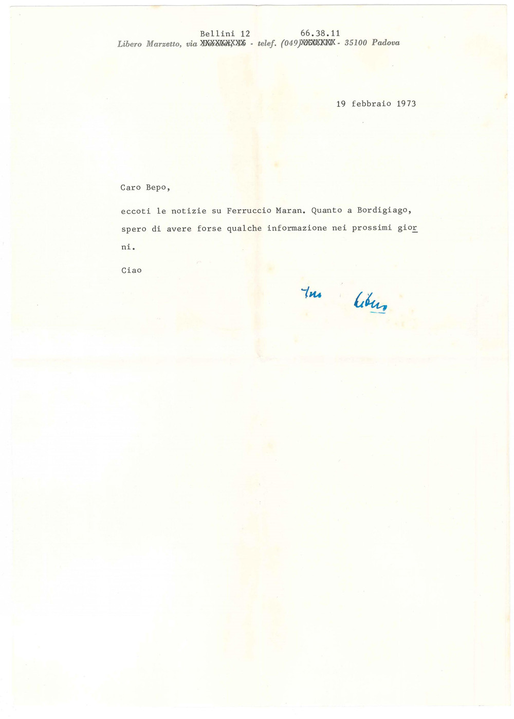 Autografo originale 1973 PADOVA Lettera editore Libero MARZETTO  AUTOGRAFO 1