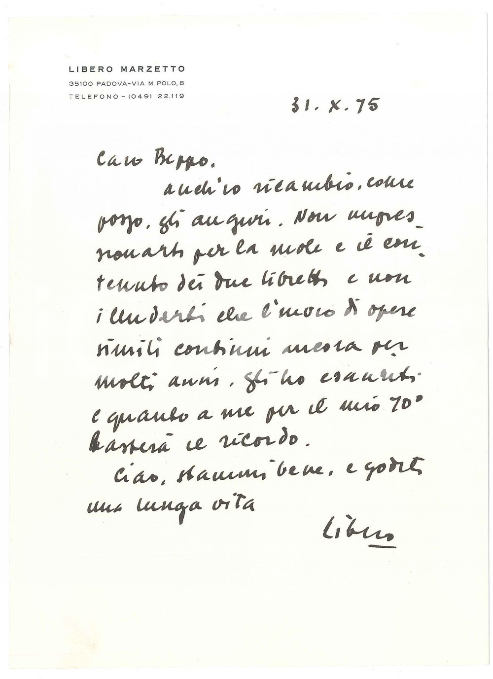 Autografo originale 1975 PADOVA Lettera Libero MARZETTO per invio di libretti  AUTOGRAFO 1