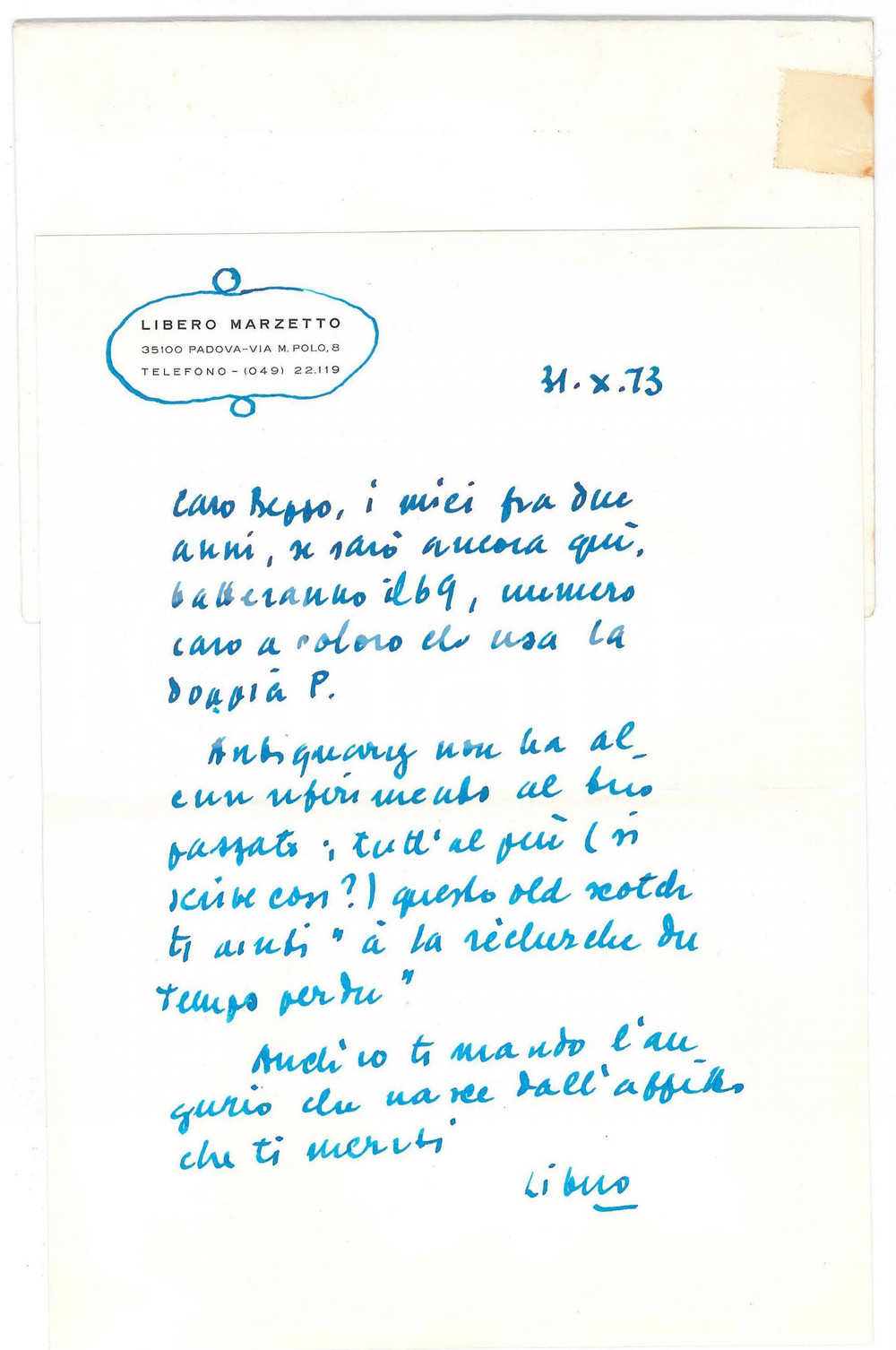 Autografo originale 1973 PADOVA Lettera Libero MARZETTO alla fine dell anno  AUTOGRAFO 1