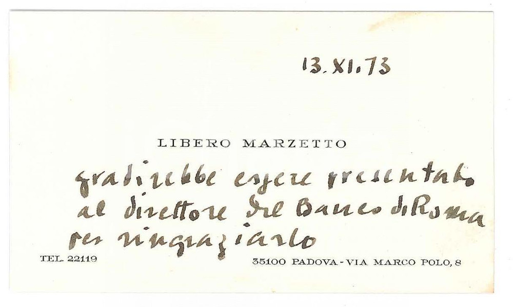 Autografo originale 1973 PADOVA Biglietto Libero MARZETTO per presentazione  AUTOGRAFO 1