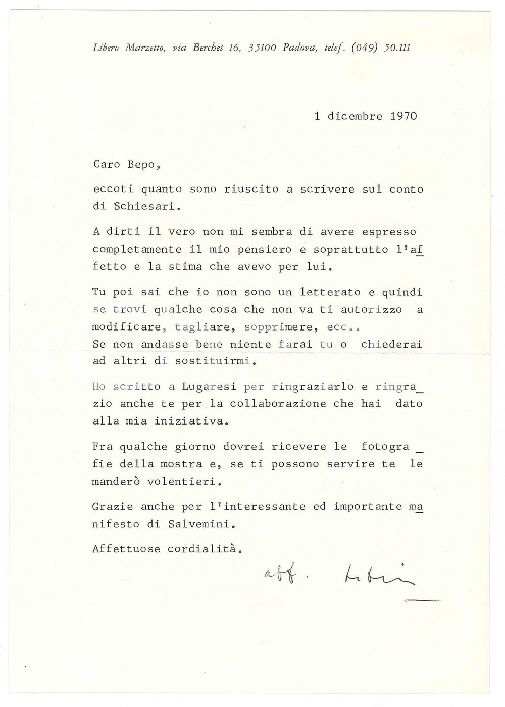 Autografo originale 1970 PADOVA Lettera Libero MARZETTO per invio di un articolo  AUTOGRAFO 1