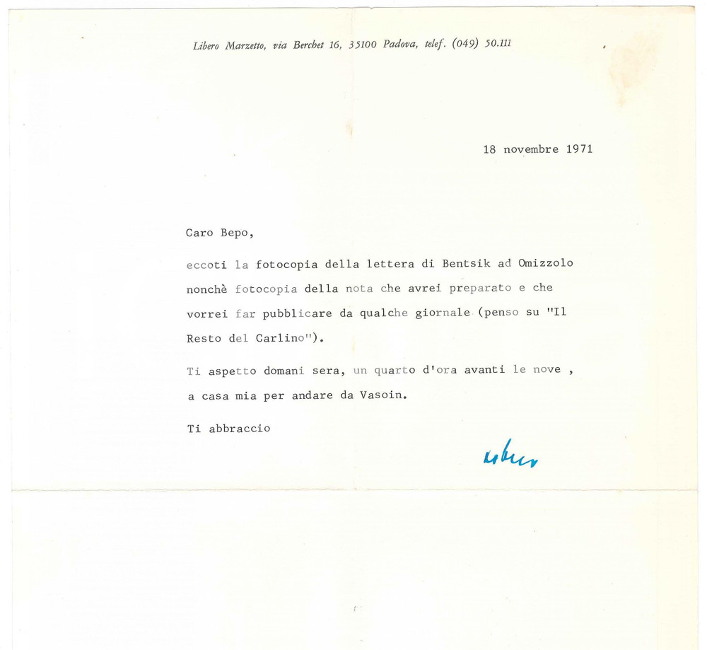 Autografo originale 1971 PADOVA Lettera Libero MARZETTO per invio di un testo   AUTOGRAFO 1