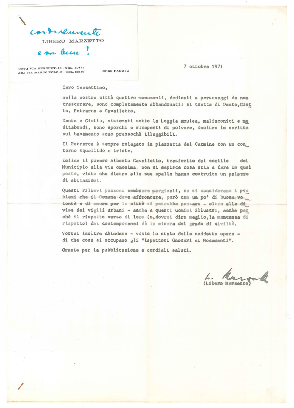 Autografo originale 1971 PADOVA Lettera Libero MARZETTO su restauro monumenti  AUTOGRAFO 1