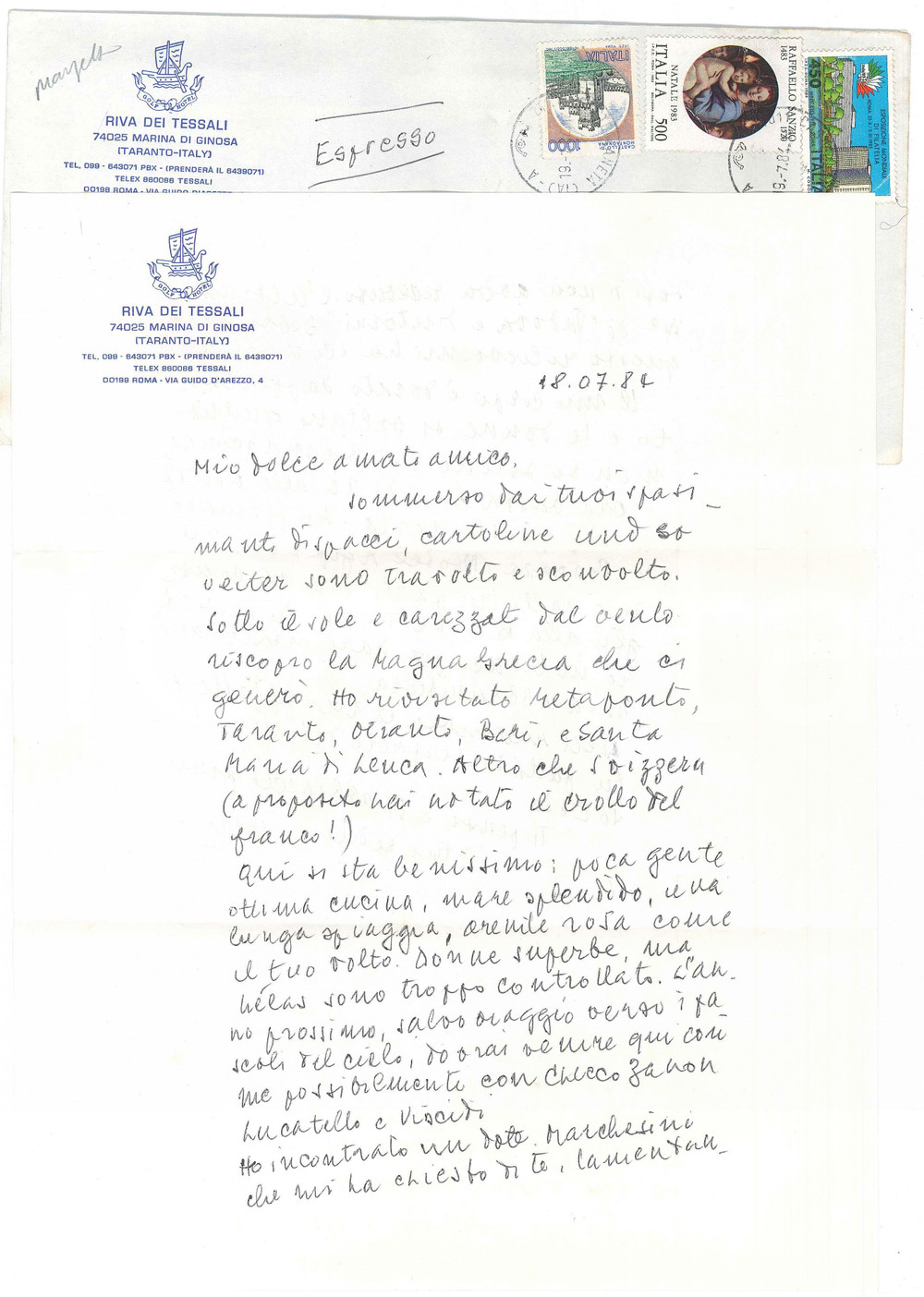 Autografo originale 1984 MARINA DI GINOSA Libero MARZETTO e le bellezze della Puglia  AUTOGRAFO 1