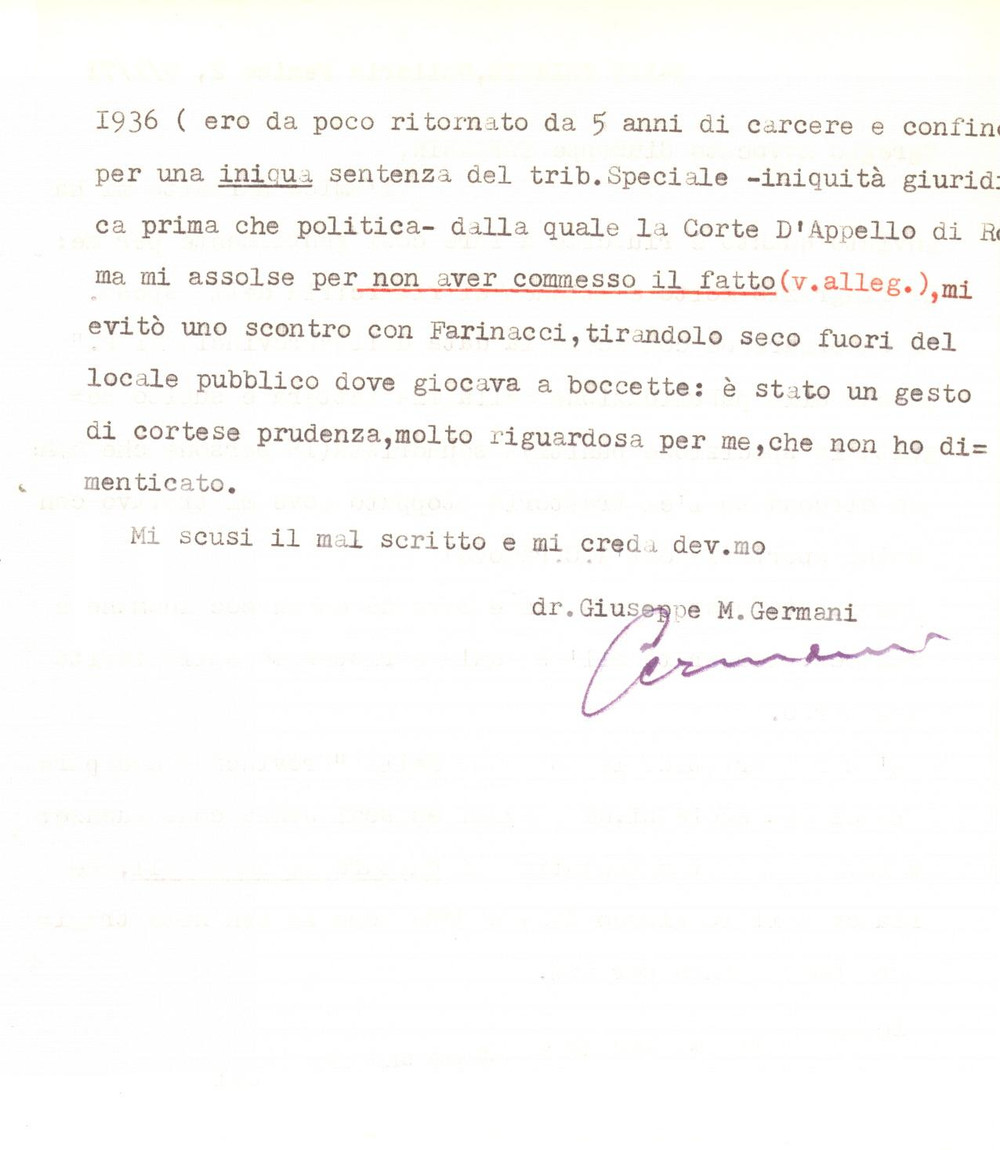 Autografo originale 1971 TRIESTE Giuseppe GERMANI ricorda la salvezza da Farinacci  AUTOGRAFO 1