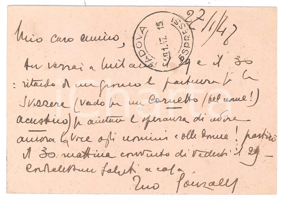 Autografo originale 1947 Cartolina Enrico GONZALES a un amico per appuntamento  AUTOGRAFO 1