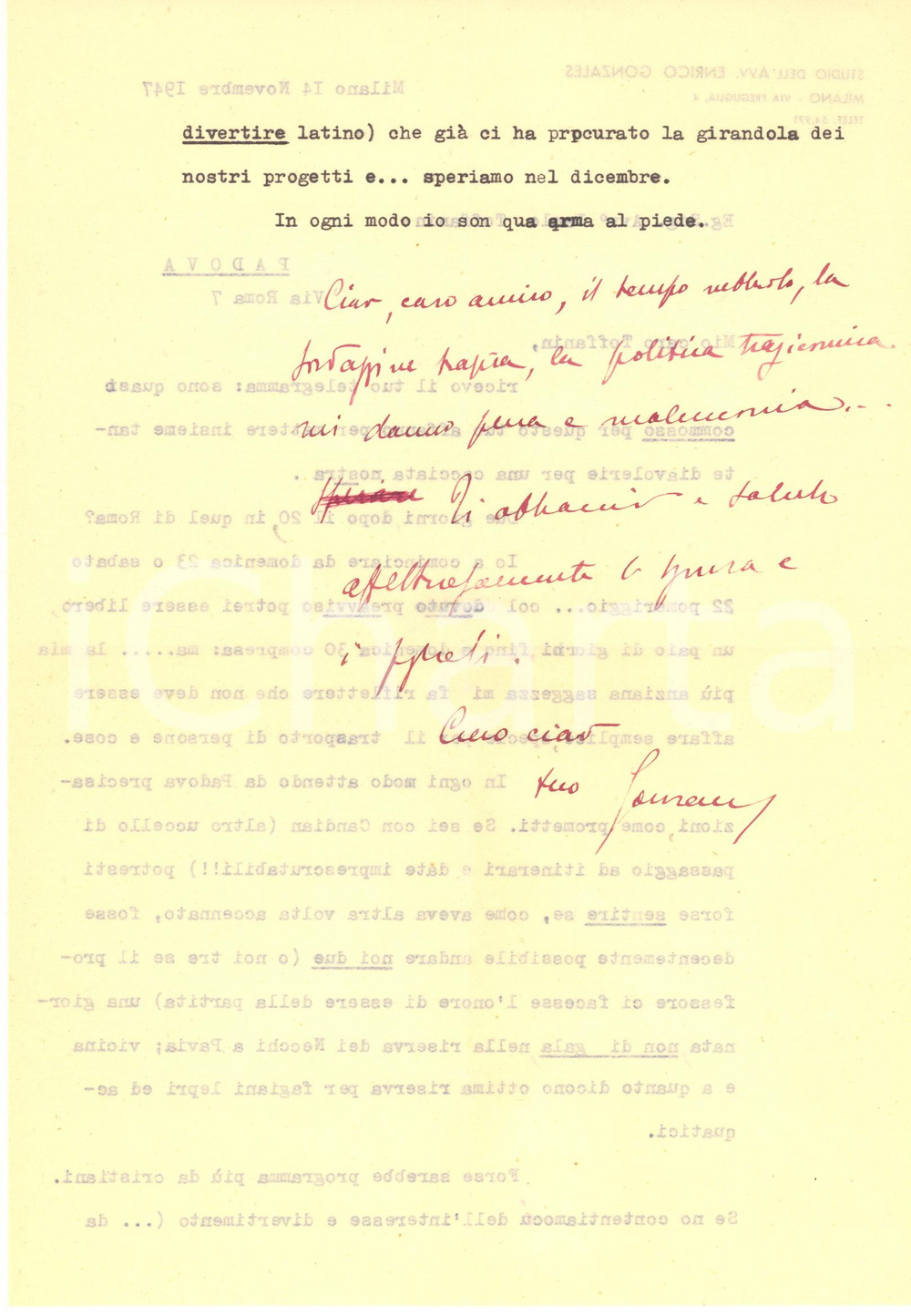 Autografo originale 1947 MILANO Lettera avv. Enrico GONZALES per un viaggio  AUTOGRAFO 1