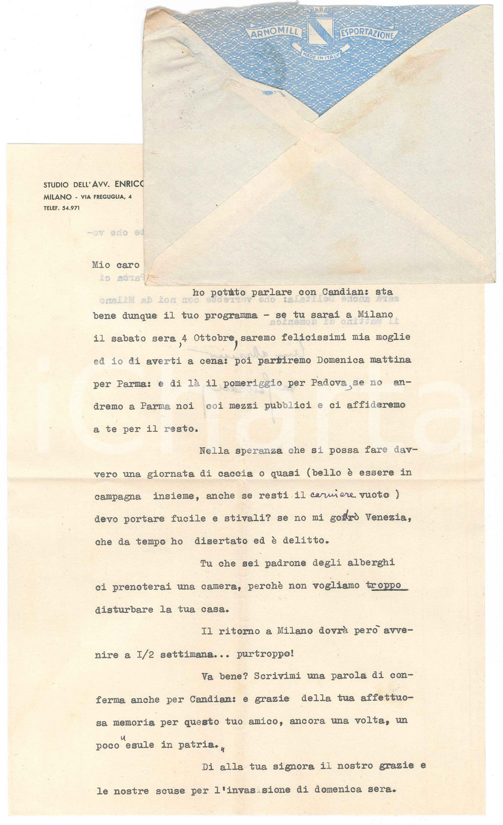 Autografo originale 1947 MILANO Lettera avv. Enrico GONZALES per battuta di caccia  AUTOGRAFO 1
